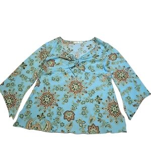 Babydoll Floral Paisley Asymmetric Flare Sleeve Top Blouse Large Boho Festival